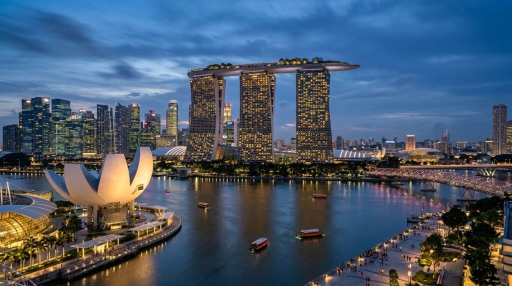 Três torres sustentam terraço e piscina no céu em Singapura