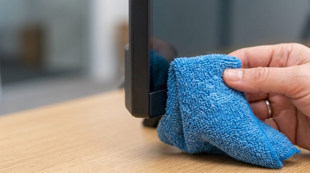 Uso do pano de microfibra na remoção segura de poeira em telas de televisão