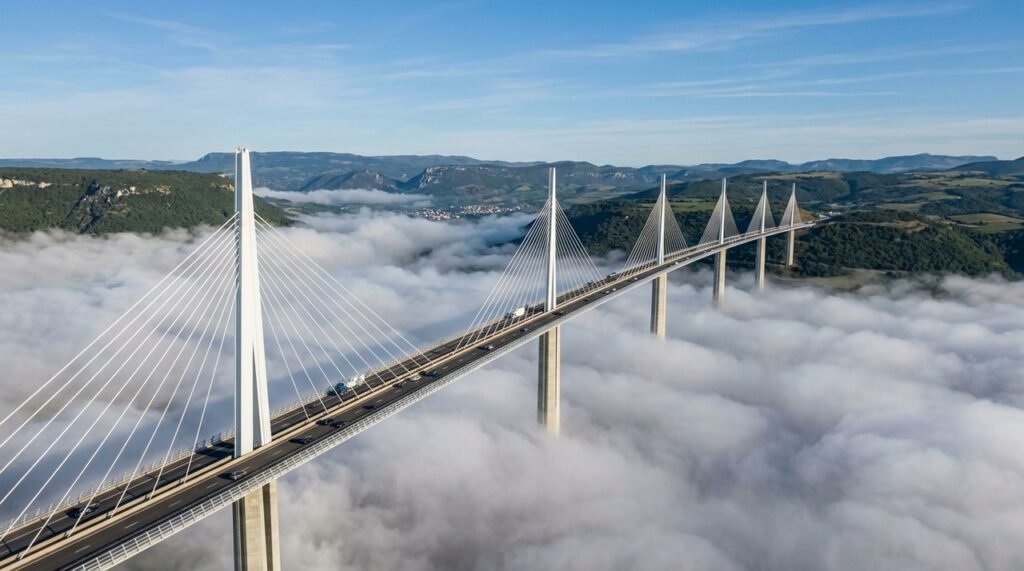 Viaduto de Millau atravessa o vale do Tarn com pilares gigantes