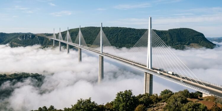 Viaduto de Millau atravessa o vale do Tarn com pilares gigantes