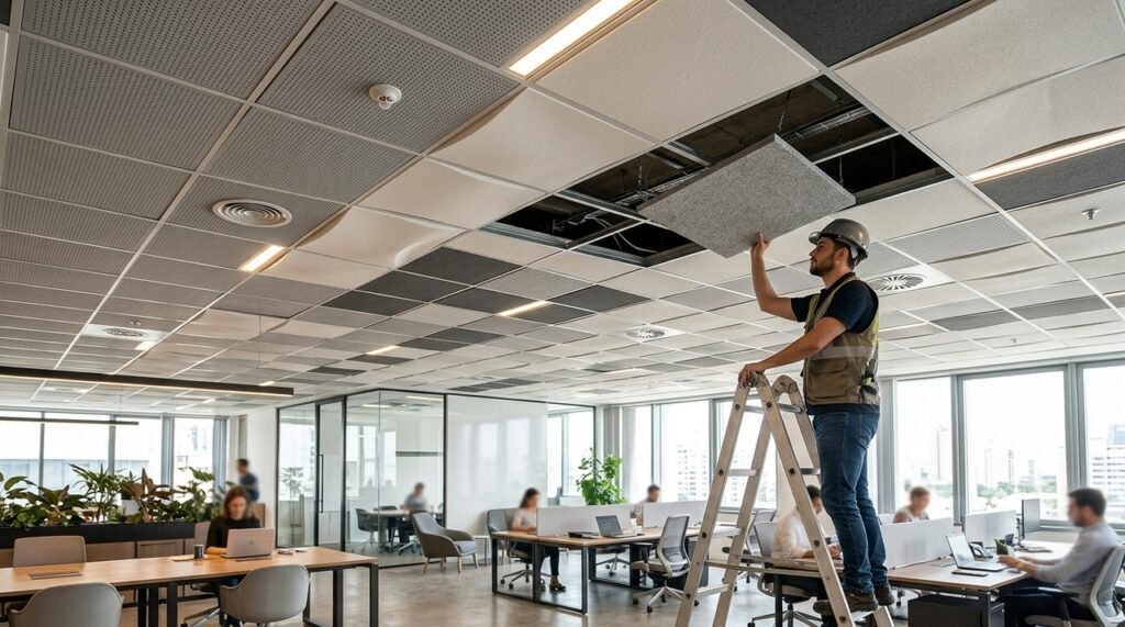 Forro modular removível mantém instalações acessíveis acima do teto