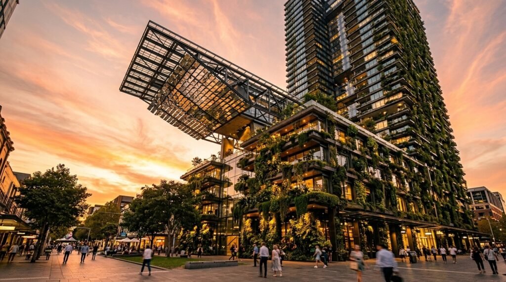 Torre verde redireciona luz solar para parque urbano