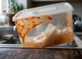 O truque do pedaço de papel-toalha com detergente que pode tirar a mancha vermelha de molho de tomate dos potes de plástico