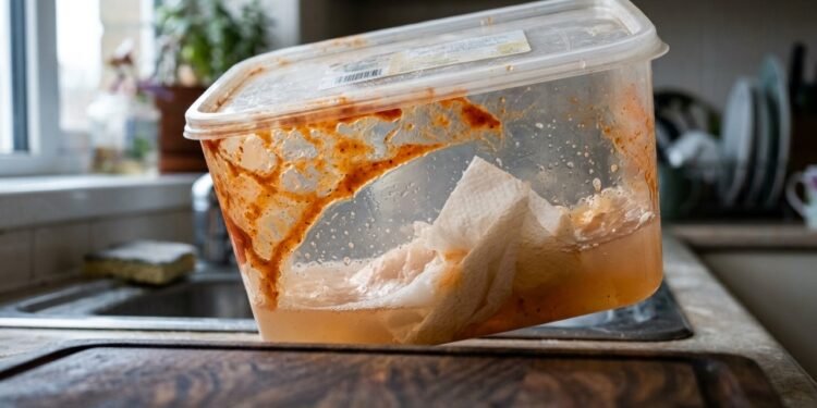 O truque do pedaço de papel-toalha com detergente que pode tirar a mancha vermelha de molho de tomate dos potes de plástico