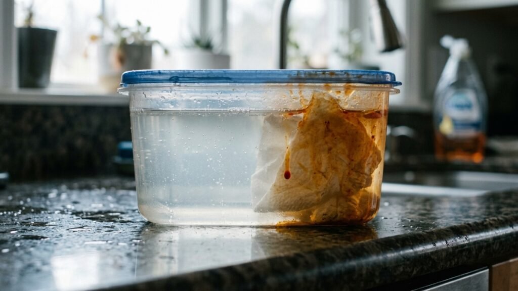 O truque do pedaço de papel-toalha com detergente que pode tirar a mancha vermelha de molho de tomate dos potes de plástico
