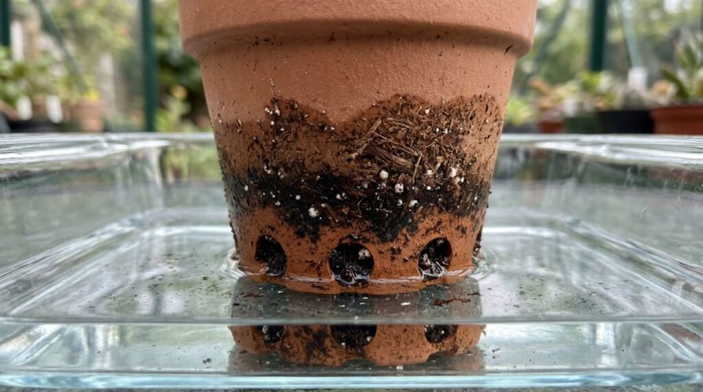 Absorcao gradual de agua pelos furos de drenagem do vaso na rega por imersao