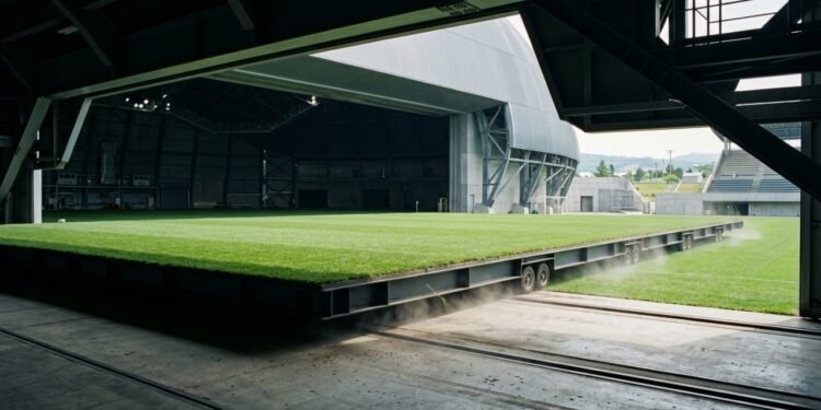 Estádio japonês movimenta gramado de 8.300 toneladas