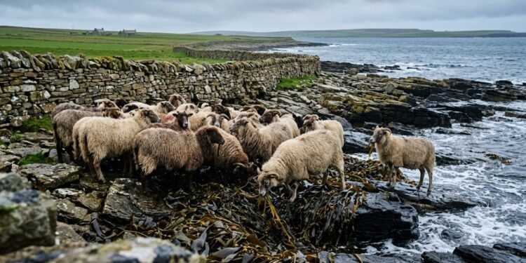 Ovelhas de North Ronaldsay vivem de algas cercadas por muro