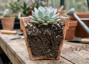 Suculenta Echeveria elegans em recipiente sem furo de drenagem e substrato encharcado