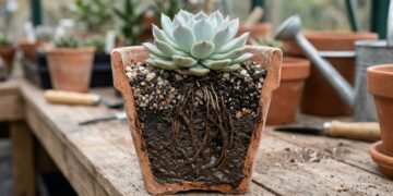 Suculenta Echeveria elegans em recipiente sem furo de drenagem e substrato encharcado