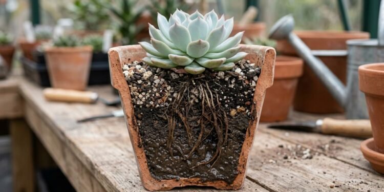 Suculenta Echeveria elegans em recipiente sem furo de drenagem e substrato encharcado