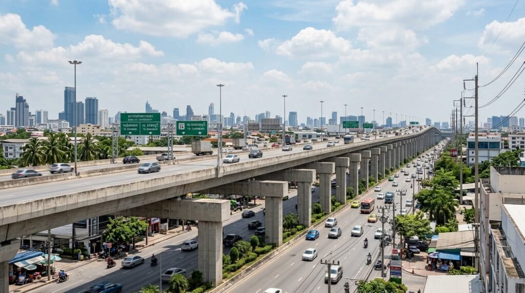 Via elevada atravessa Bangkok com estrutura repetitiva