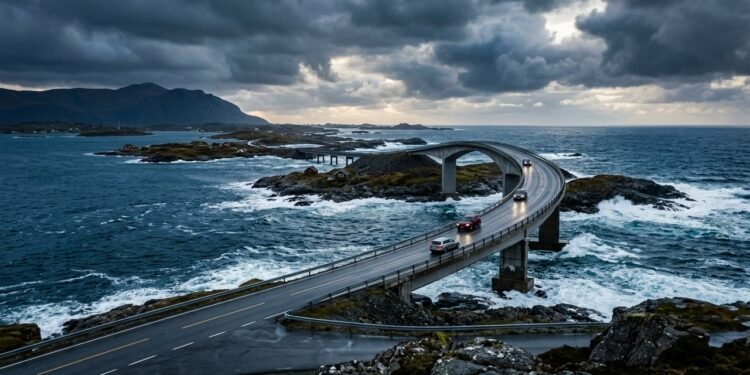 Estrada do Atlântico conecta ilhas diante do mar aberto da Noruega