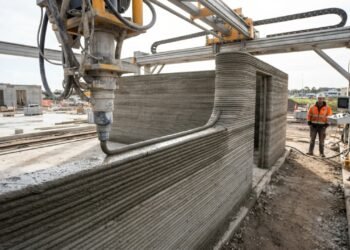 O equipamento transforma um projeto digital em paredes construídas camada após camada