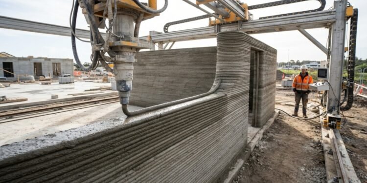 O equipamento transforma um projeto digital em paredes construídas camada após camada