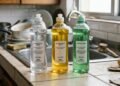 Detergentes transparente, amarelo e verde ficam alinhados na pia