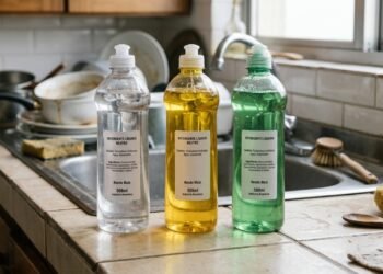 Detergentes transparente, amarelo e verde ficam alinhados na pia