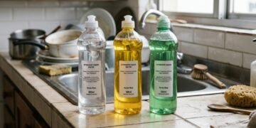 Detergentes transparente, amarelo e verde ficam alinhados na pia