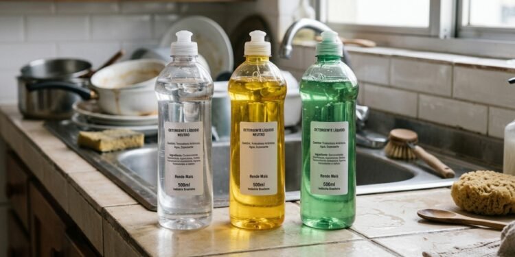 Detergentes transparente, amarelo e verde ficam alinhados na pia
