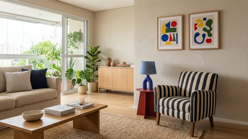 Adeus à casa toda bege: listras fortes, móveis curvos e detalhes divertidos ganham espaço na decoração de 2026
