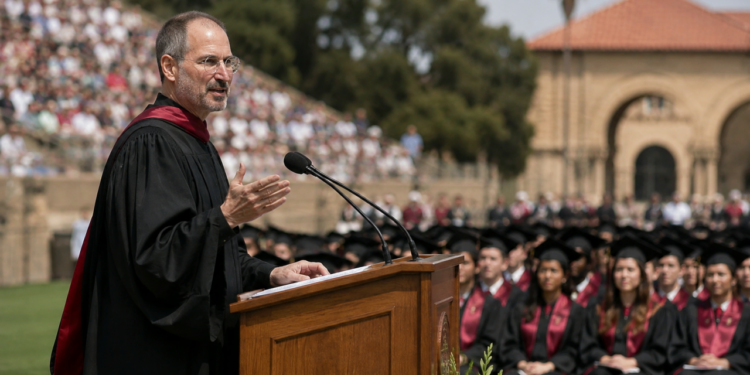 Steve Jobs fala aos formandos durante cerimônia universitária - Imagem meramente ilustrativa