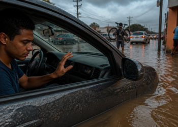 Jovem dentro de um carro parado em rua alagada observa a água subir até a altura das portas, enquanto outros veículos e pedestres enfrentam a enchente ao fundo.