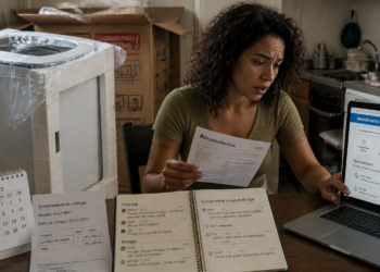Mulher sentada à mesa segura um documento e acessa o atendimento ao cliente no notebook, ao lado de comprovante de entrega, calendário com o dia 7 marcado, anotações de mensagens e uma máquina de lavar embalada.