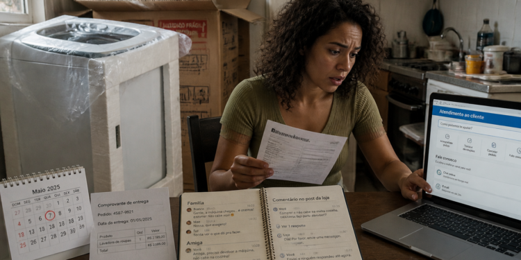Mulher sentada à mesa segura um documento e acessa o atendimento ao cliente no notebook, ao lado de comprovante de entrega, calendário com o dia 7 marcado, anotações de mensagens e uma máquina de lavar embalada.