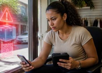 Mulher sentada em uma loja observa o celular com expressão preocupada enquanto segura uma carteira; ao lado, aparecem símbolos luminosos de alerta, encomenda e QR Code, representando uma possível cobrança fraudulenta por mensagem.