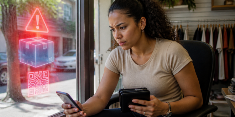 Mulher sentada em uma loja observa o celular com expressão preocupada enquanto segura uma carteira; ao lado, aparecem símbolos luminosos de alerta, encomenda e QR Code, representando uma possível cobrança fraudulenta por mensagem.