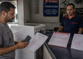 Homem em assistência técnica segura um celular e uma ordem de serviço ao lado de uma máquina de lavar, enquanto um atendente observa atrás do balcão com orçamento e recibo expostos.