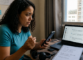 Mulher sentada à mesa segura um celular e um chip, olhando com preocupação para a tela, ao lado de um notebook com mensagens abertas, fones de ouvido e caderno de anotações.