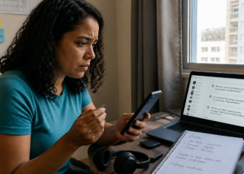 Mulher sentada à mesa segura um celular e um chip, olhando com preocupação para a tela, ao lado de um notebook com mensagens abertas, fones de ouvido e caderno de anotações.