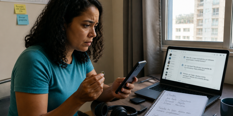 Mulher sentada à mesa segura um celular e um chip, olhando com preocupação para a tela, ao lado de um notebook com mensagens abertas, fones de ouvido e caderno de anotações.