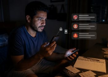Homem preocupado segura dois celulares em um quarto escuro durante a madrugada, diante de ícones digitais de segurança, perfil e alerta, com caderno e cartões sobre a mesa.
