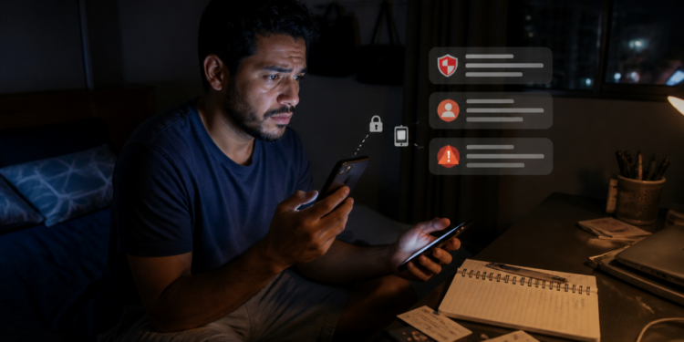 Homem preocupado segura dois celulares em um quarto escuro durante a madrugada, diante de ícones digitais de segurança, perfil e alerta, com caderno e cartões sobre a mesa.