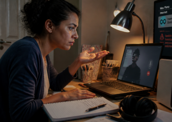 Mulher sentada à mesa em casa observa o computador durante uma videochamada com imagem travada, ao lado de caderno, fones, luminária e equipamento de internet.