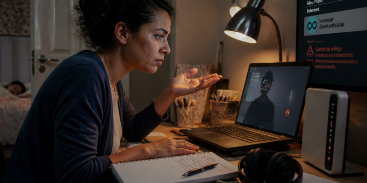 Mulher sentada à mesa em casa observa o computador durante uma videochamada com imagem travada, ao lado de caderno, fones, luminária e equipamento de internet.