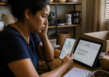 Mulher sentada à mesa observa no celular a confirmação de um Pix enquanto um tablet exibe mensagens sobre o pagamento, ao lado de uma caixa aberta e de um pacote embrulhado.