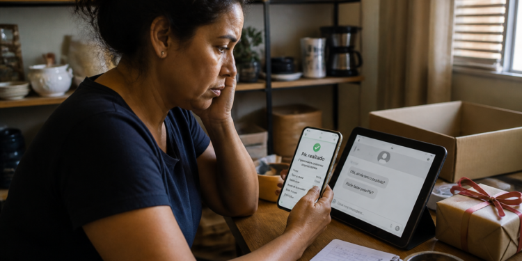 Mulher sentada à mesa observa no celular a confirmação de um Pix enquanto um tablet exibe mensagens sobre o pagamento, ao lado de uma caixa aberta e de um pacote embrulhado.