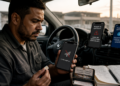 Homem sentado dentro de um carro segura um chip e um celular com aviso de linha inativa, enquanto dois outros aparelhos exibem respostas diferentes das operadoras.
