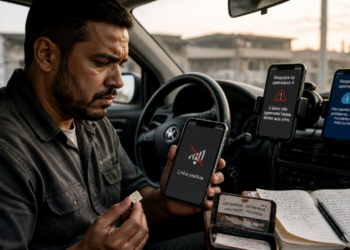 Homem sentado dentro de um carro segura um chip e um celular com aviso de linha inativa, enquanto dois outros aparelhos exibem respostas diferentes das operadoras.