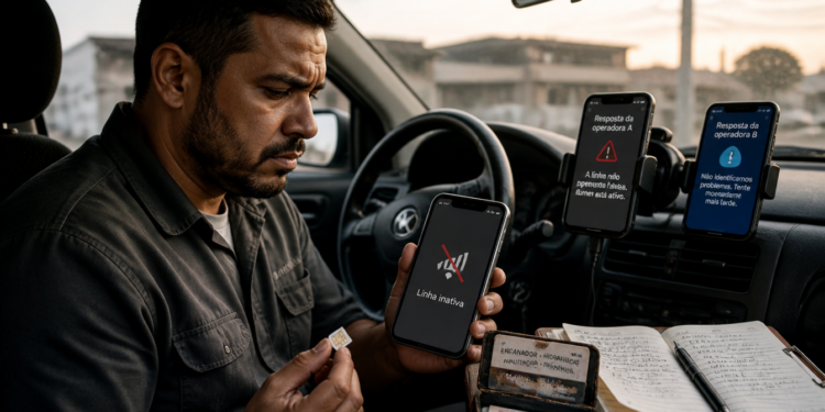 Homem sentado dentro de um carro segura um chip e um celular com aviso de linha inativa, enquanto dois outros aparelhos exibem respostas diferentes das operadoras.