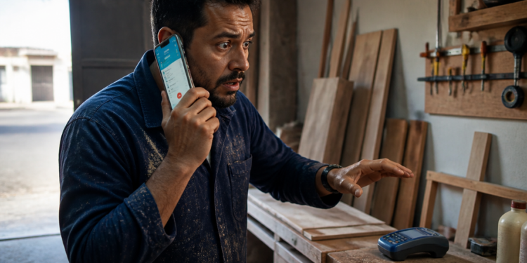 Marceneiro em oficina segura o celular junto ao rosto com expressão de susto, ao lado de uma bancada de trabalho com máquina de cartão, tábuas de madeira e ferramentas na parede.