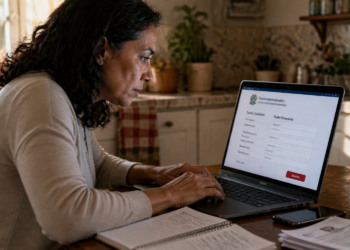 Mulher sentada à mesa da cozinha preenche um formulário de dados cadastrais e bancários em um notebook, com celular, documentos, caderno e xícara ao lado.