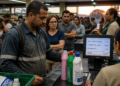 Homem no caixa de supermercado observa três produtos de limpeza diante de uma tela com preços e total da compra, enquanto uma fila de clientes aguarda atrás dele.