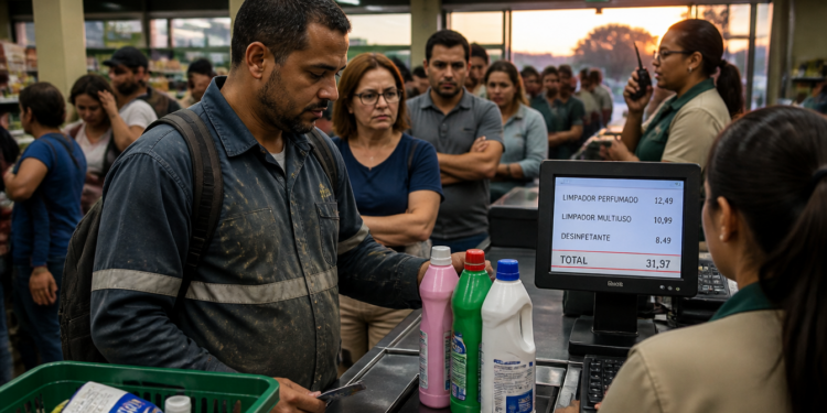 Homem no caixa de supermercado observa três produtos de limpeza diante de uma tela com preços e total da compra, enquanto uma fila de clientes aguarda atrás dele.