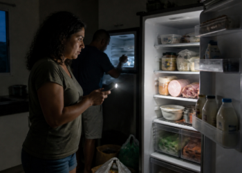 Mulher em cozinha escura observa o interior de uma geladeira aberta usando a luz do celular, enquanto outra pessoa ao fundo verifica o freezer.