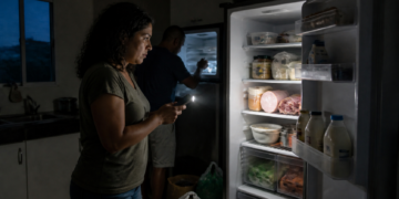Mulher em cozinha escura observa o interior de uma geladeira aberta usando a luz do celular, enquanto outra pessoa ao fundo verifica o freezer.