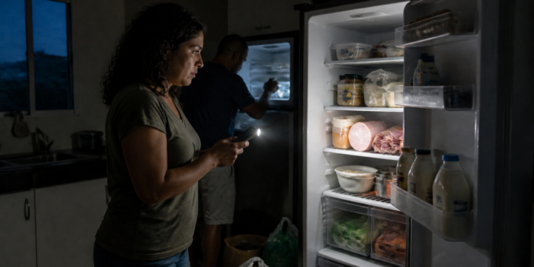 Mulher em cozinha escura observa o interior de uma geladeira aberta usando a luz do celular, enquanto outra pessoa ao fundo verifica o freezer.